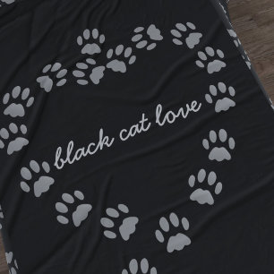 Black Cat Paw Print Heart Large Fleece Blankon