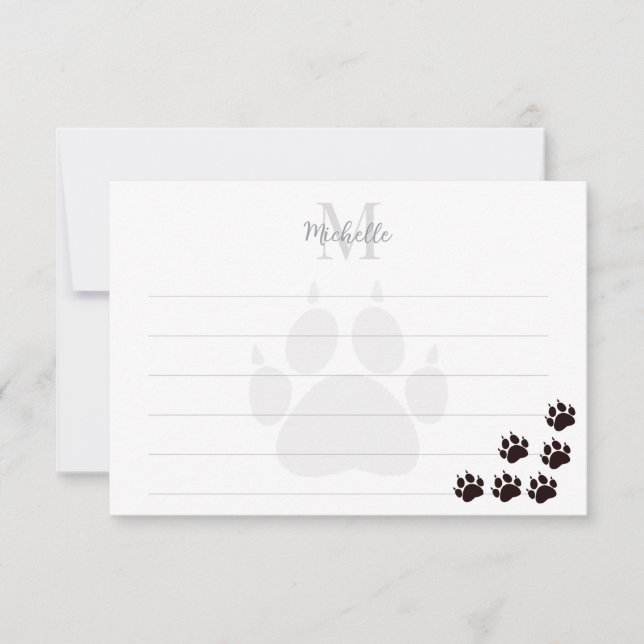 Black Cat Paw Prints Lined Monogram Mitteilungskarte (Vorderseite)
