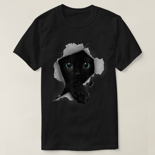 Black Cat Peek Through Design T-Shirt (Design vorne)