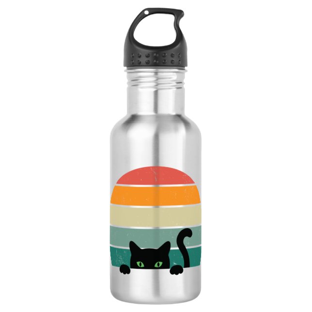 Black Cat Peeking Sunset Vintag 3 Edelstahlflasche (Vorderseite)