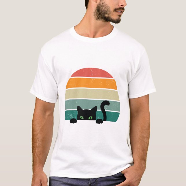Black Cat Peeking Sunset Vintag 3 T-Shirt (Vorderseite)