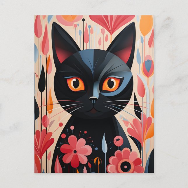 Black Cat Pink-Blume Postkarte (Vorderseite)