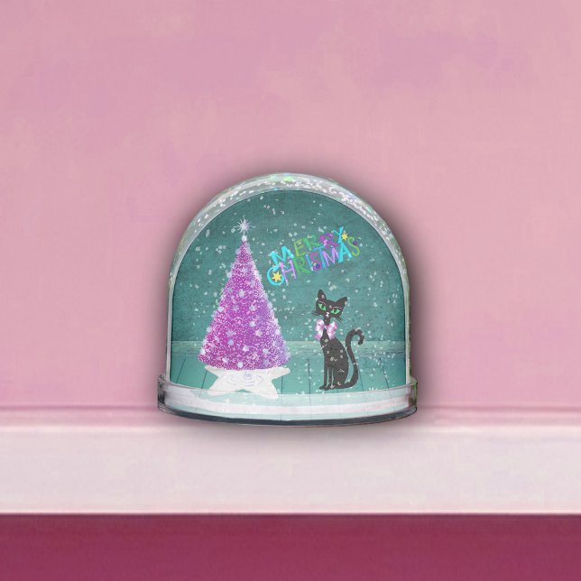 Black Cat Pink Sparkling Weihnachtsbaum Aquamarine Schneekugeln (Pretty black cat pink silver sparkle tree Colourful Merry Christmas in teal room on snowglobe.)