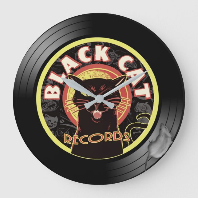 Black Cat Platten Wall Clock - Retro Vinyl Jazz Große Wanduhr (Vorderseite)