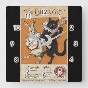 Black cat playing Banjo, Unknown artist Quadratische Wanduhr