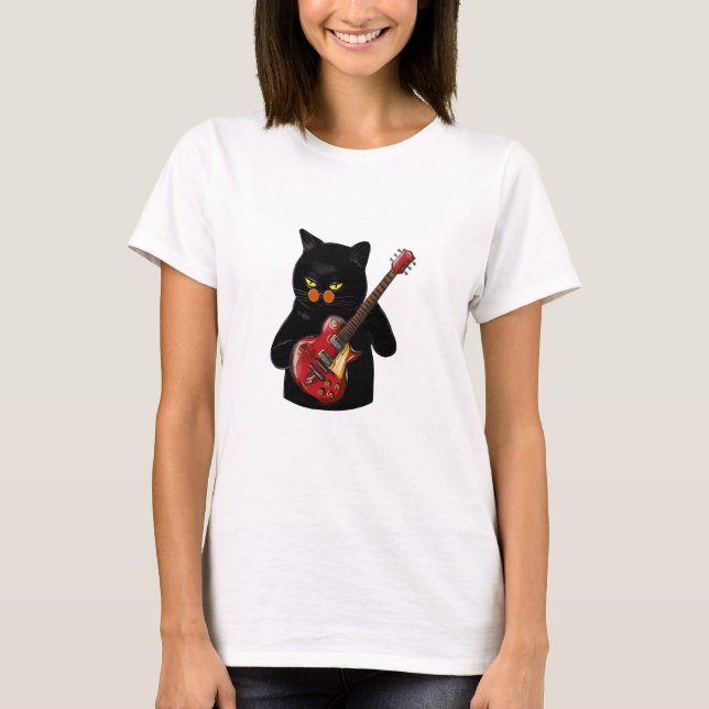 Black Cat Playing Gitarre, Black Cat Liebhaber T-Shirt (Vorderseite)