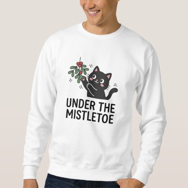Black Cat Playing Mistletoe Festive Cartoon Sweatshirt (Vorderseite)