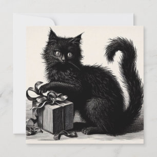 Black Cat Playing mit Geschenk und Band Vintag Karte