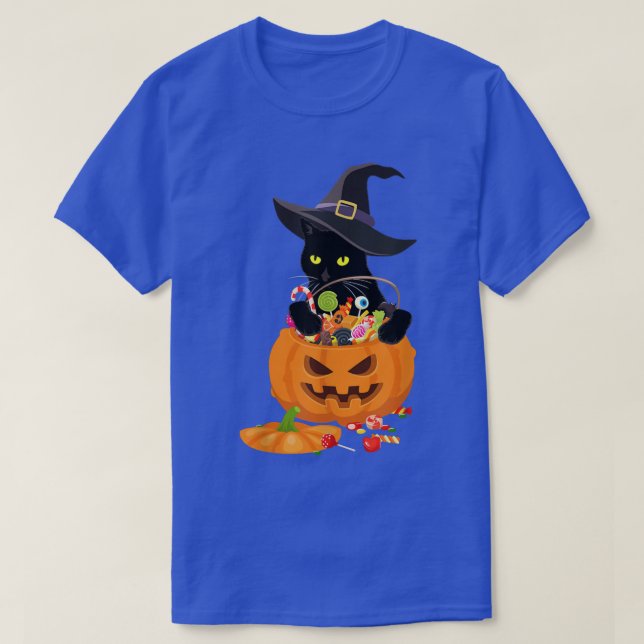 Black Cat Playing With Jack O Lantern Pumpkin Hall T-Shirt (Design vorne)