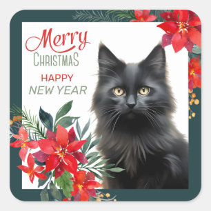 Black Cat Poinsettia - Weihnachten Quadratischer Aufkleber