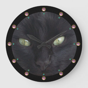 BLACK CAT PORTRAIT WITH EMERALD EYES,Pink Gemstone Große Wanduhr