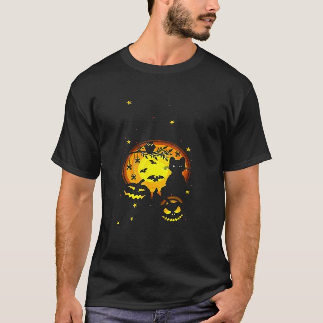 Black Cat Pumpkin And Owl Halloween Full Moon Cute T-Shirt (Vorderseite)