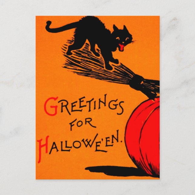 Black Cat Pumpkin & Broomstick Vintage Halloween  Postkarte (Vorderseite)