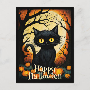 Black Cat Pumpkin Forest Happy Halloween Postkarte