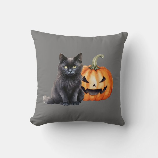 Black Cat & Pumpkin Halloween Kissen (Vorderseite)