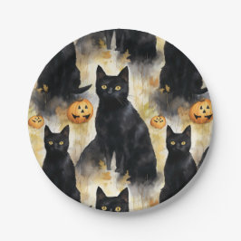 Black Cat Pumpkin Halloween Pappteller