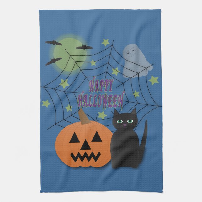 Black Cat & Pumpkin Kein Beängstigendes Halloween Geschirrtuch (Vertikal)