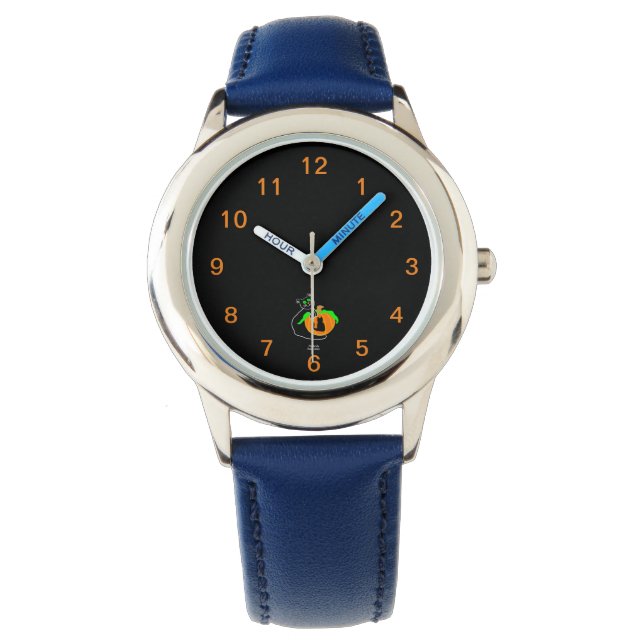 Black Cat Pumpkin Kid's Blue Leather Strap Watch Armbanduhr (Vorderseite)