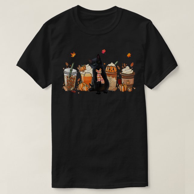 Black Cat Pumpkin LatFall Kaffee Herbstsaison T-Shirt (Design vorne)