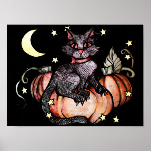 Black Cat Pumpkin Patch Moon Poster