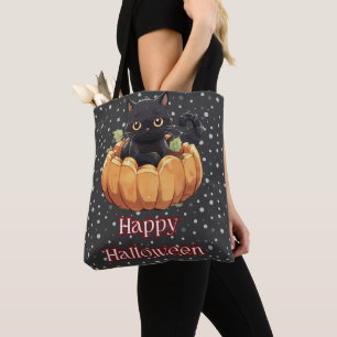 Black Cat Pumpkin Polka Dots Black Happy Halloween