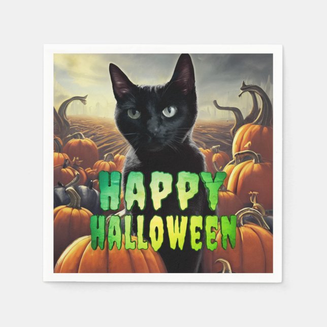 Black Cat & Pumpkins Serviette (Vorderseite)