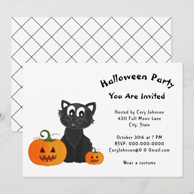Black Cat Pumpkins White Pattern Halloween-Party Einladung (Vorne/Hinten)