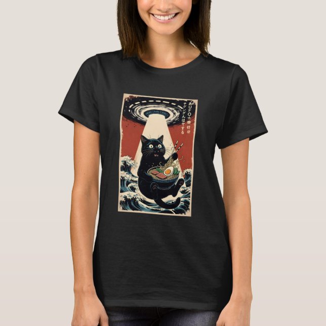 Black Cat Ramen Alien UFO Funny Japanese Kawaii An T-Shirt (Vorderseite)
