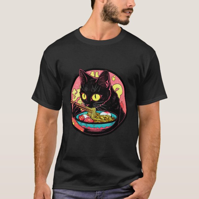 Black Cat Ramen Funny Pet Japanisches Essen T-Shirt (Vorderseite)