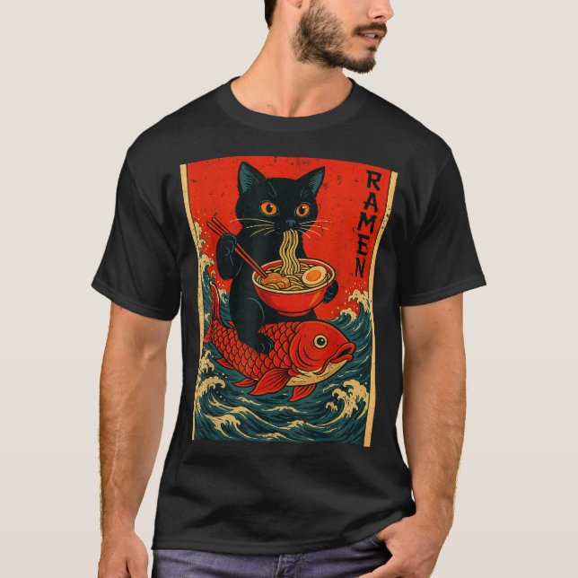 Black Cat Ramen Japanese Graphic Tees For Men Wome (Vorderseite)