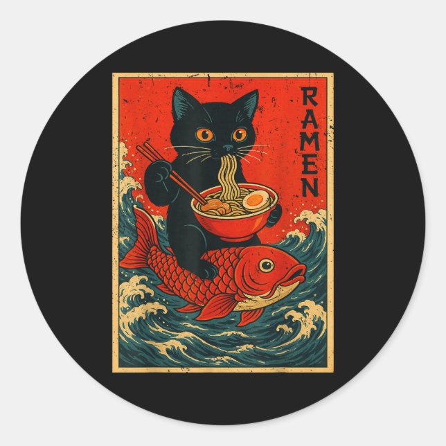 Black Cat Ramen Japanese Graphic Tees For Men Wome Runder Aufkleber (Vorderseite)