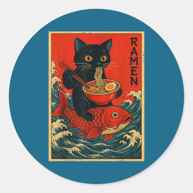 Black Cat Ramen Japanese Graphic Tees For Men Wome Runder Aufkleber (Vorderseite)
