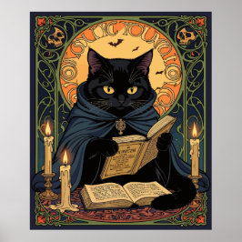 Black Cat Reading A Book Of Solstice Spells Poster