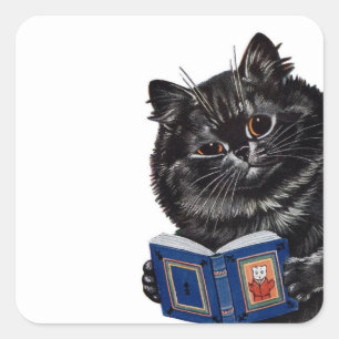 Black Cat Reading Book Gemalt von Louis Wain Quadratischer Aufkleber