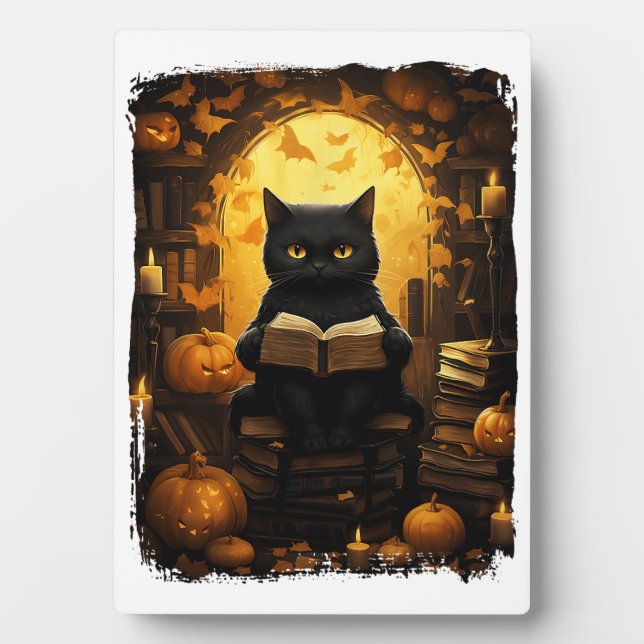 Black Cat Reading Books Pumpkin Autumn Lehrer Ha Fotoplatte (Vorderseite)