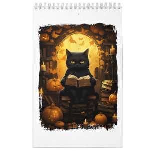 Black Cat Reading Books Pumpkin Autumn Lehrer Ha Kalender