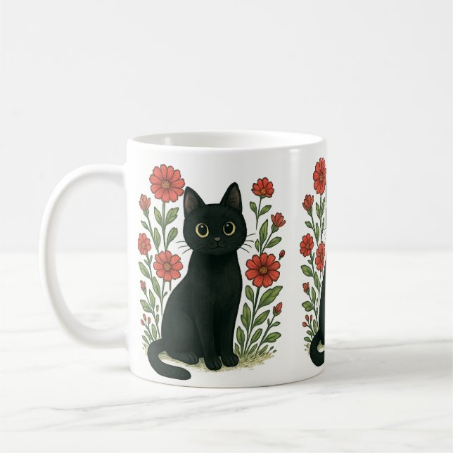 Black Cat & Red Flowers Mug Kaffeetasse (Links)