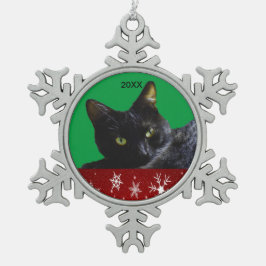 Black Cat Red White Snowflakes 20XX Weihnachten Schneeflocken Zinn-Ornament