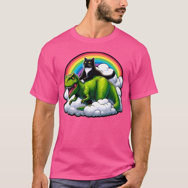 Black Cat Riding Dinosaur T Rex Regenbogen Wolken  T-Shirt (Vorderseite)