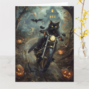 Black Cat Riding Motorrad Halloween Beängstigend Karte