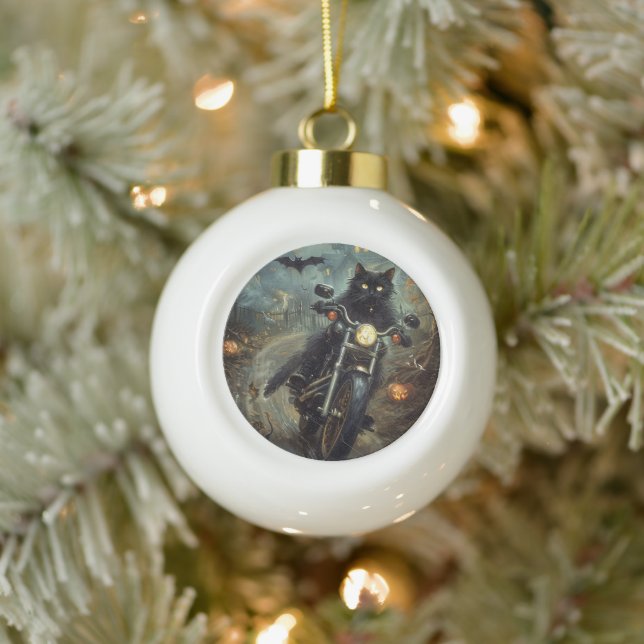 Black Cat Riding Motorrad Halloween Beängstigend Keramik Kugel-Ornament (Baum)