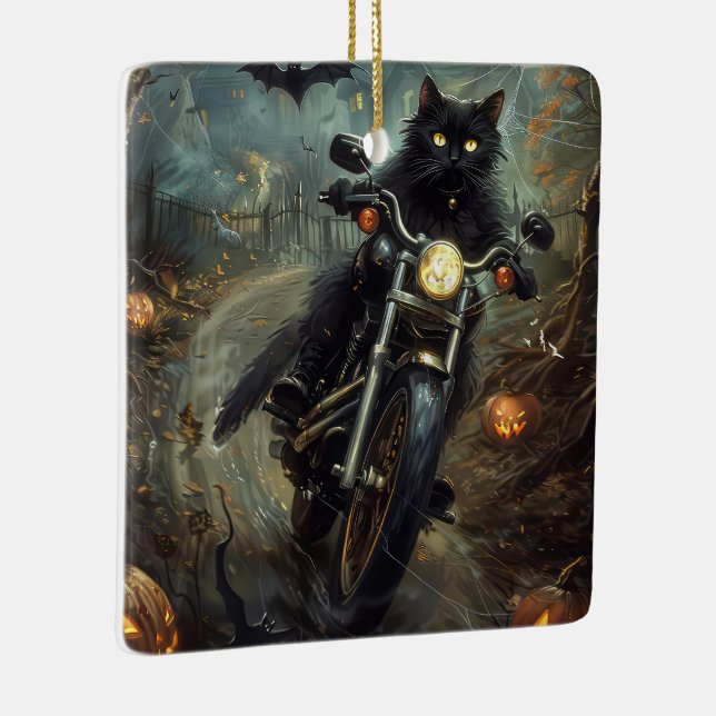 Black Cat Riding Motorrad Halloween Beängstigend Keramikornament (Rechts)