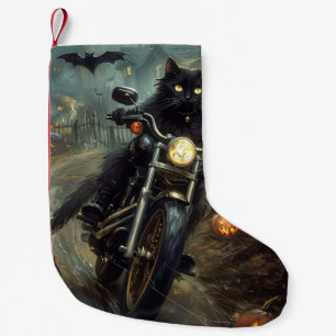Black Cat Riding Motorrad Halloween Beängstigend Kleiner Weihnachtsstrumpf