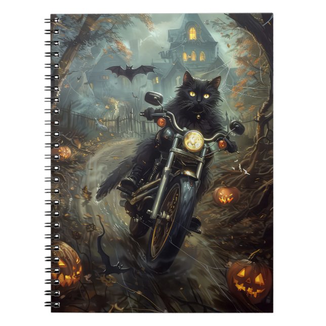 Black Cat Riding Motorrad Halloween Beängstigend Notizblock (Vorderseite)