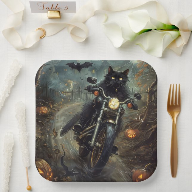 Black Cat Riding Motorrad Halloween Beängstigend Pappteller (Hochzeit)