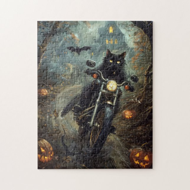 Black Cat Riding Motorrad Halloween Beängstigend Puzzle (Vertikal)