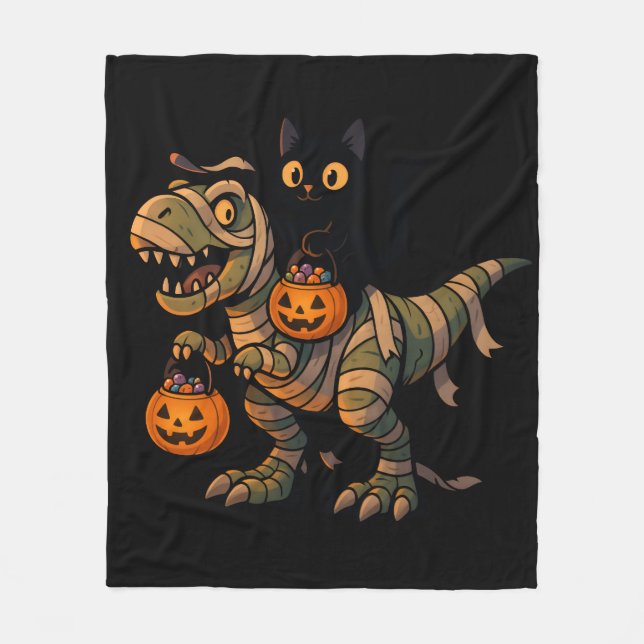 Black Cat Riding Mummy T-Rex - Niedliches Hallowee Fleecedecke (Vorderseite)