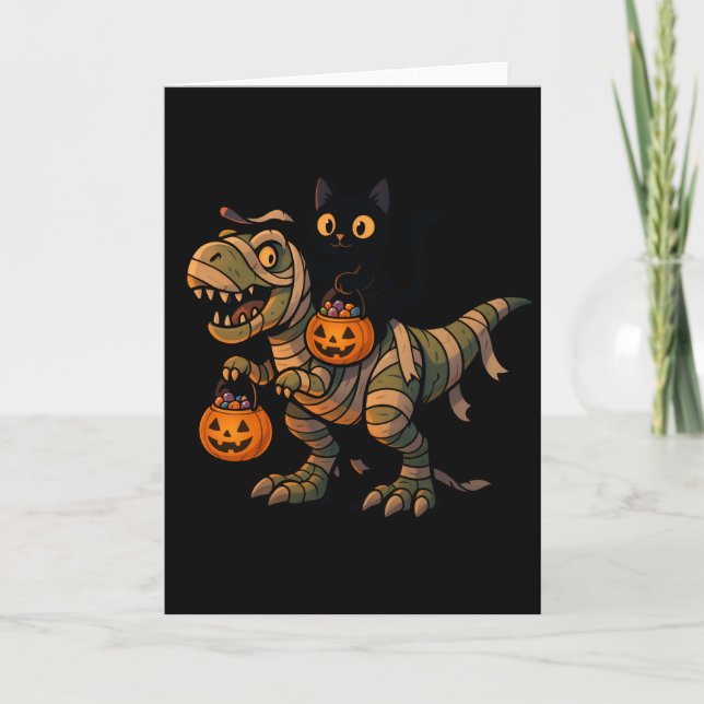 Black Cat Riding Mummy T-Rex - Niedliches Hallowee Karte (Vorderseite)