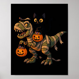Black Cat Riding Mummy T-Rex - Niedliches Hallowee Poster