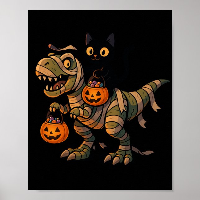 Black Cat Riding Mummy T-Rex - Niedliches Hallowee Poster (Vorne)